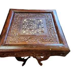 Handcrafted carved mini wood table Vintage